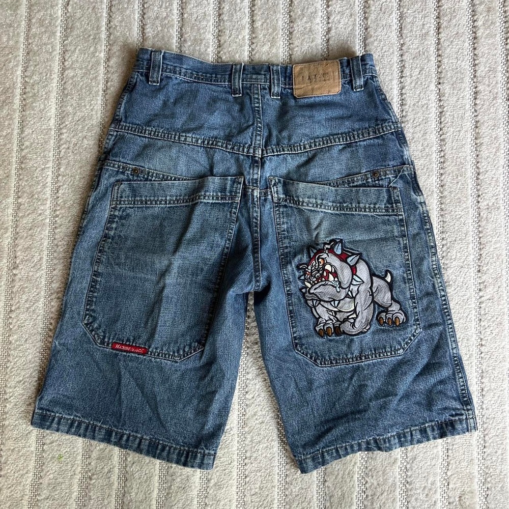 VTG Y2K Machine blue denim shorts size 32 embroidered bulldog punk grunge skater